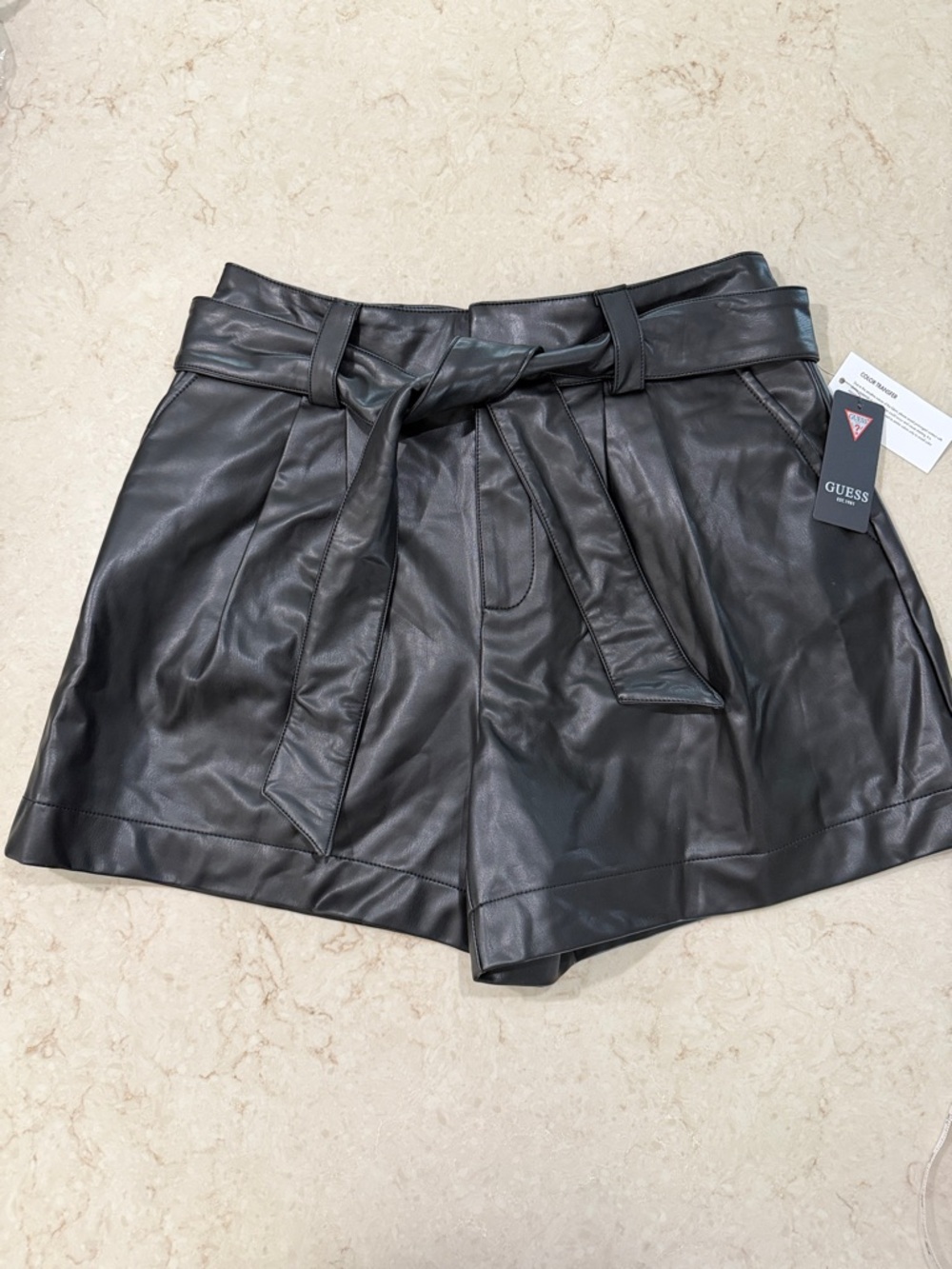 GUESS Black Faux Leather High-Waist Tie-Belt Shorts size medium NWT - Picture 3 of 9